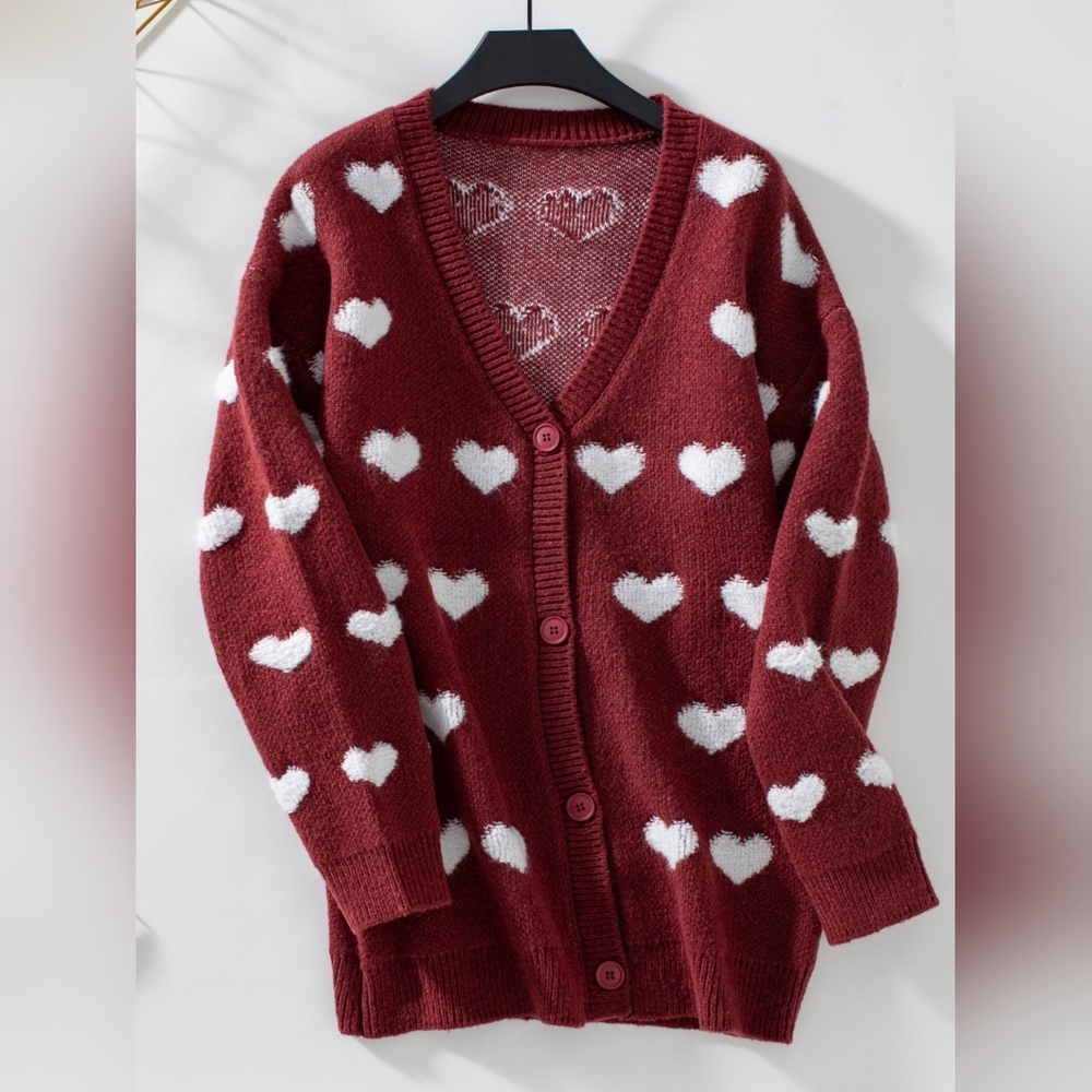 Heart Patterned Burgundy Cardigan Sweater